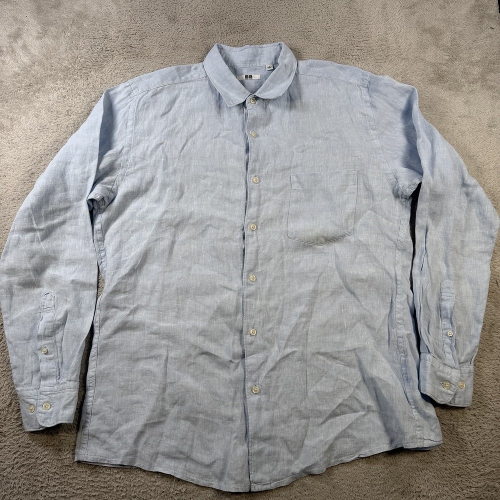Uniqlo Shirt Mens Large Blue 100% Linen Long Sleeve Button Up Pocket Casual